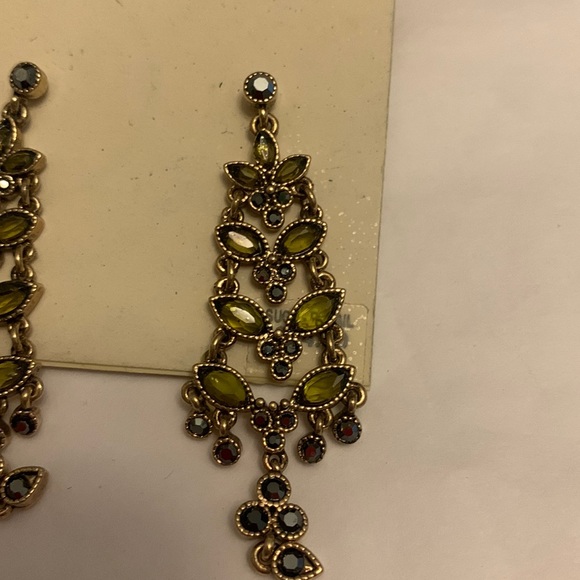 Monet Green Rhinestone and Gold Colored Metal Pierced Earrings - Picture 2 of 4